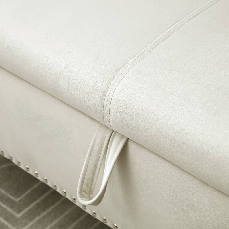 Elegant Beige Velvet Nailhead Trim Storage Ottoman Bench