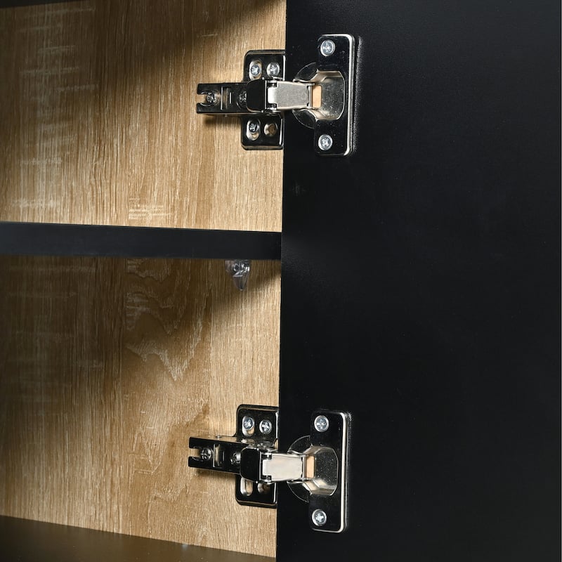 Black 74.7" TV Stand with Storage Cabinets, Drawers and Golden Wood Grain Legs for TVs Up to 80"