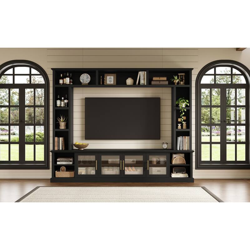 Entertainment Center Wall Unit for TVs up to 80", All-in-One TV Stand Glass Doors Storage Cabinet Bookcase Wine Rack