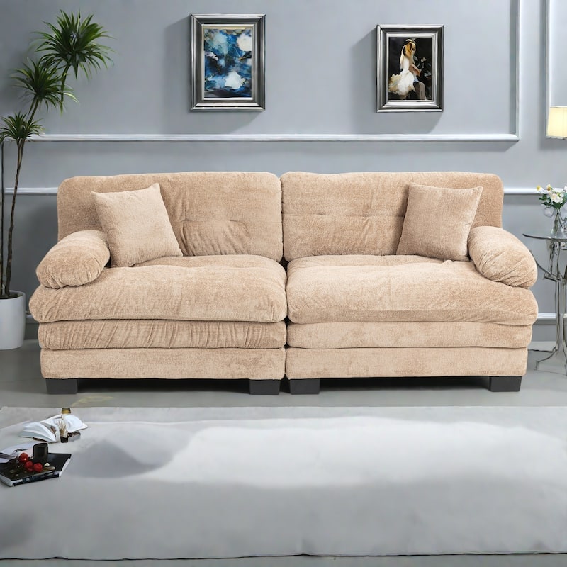 84" Upholstered 3-Seater Sofa with Dual-Layer Memory Foam Cushioning, and Complimentary Comfort Pillows - khaki