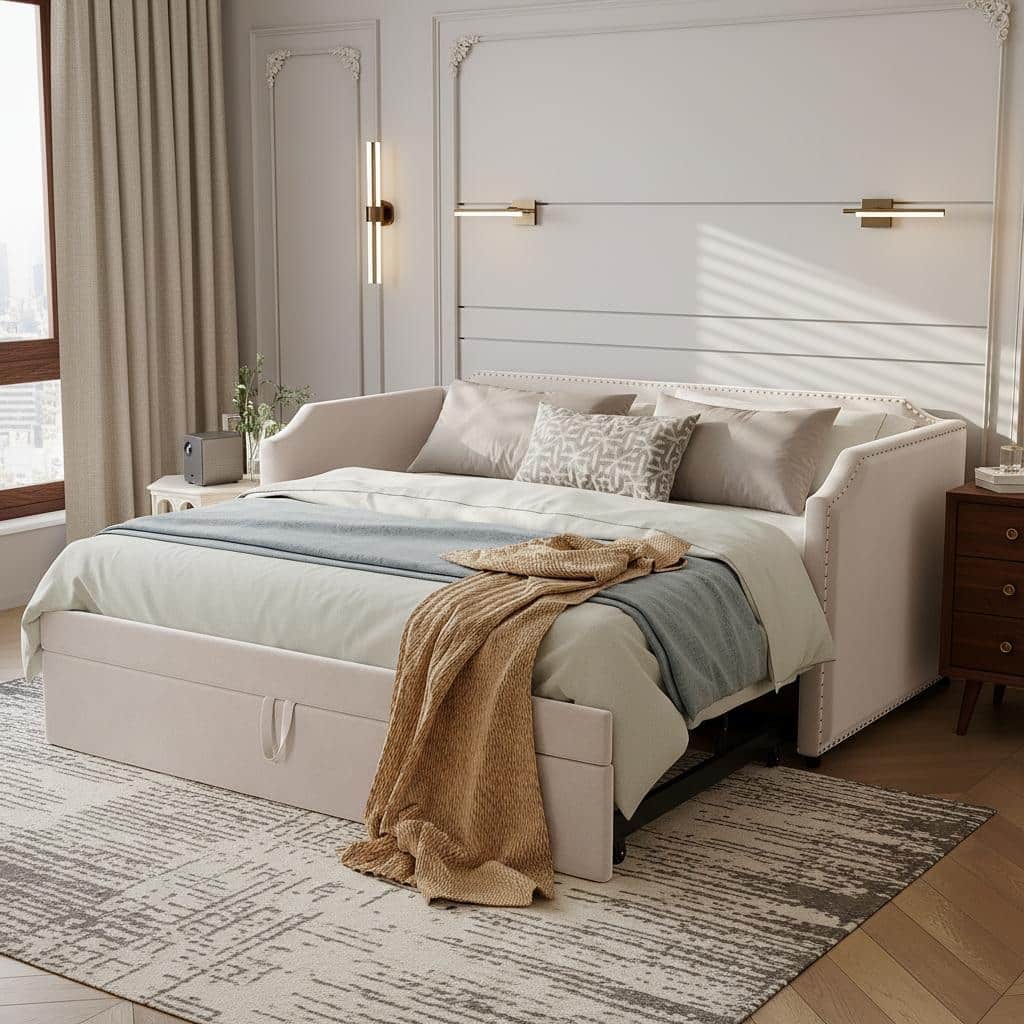 Velvet Twin Daybed with Elevating Pop-Up Trundle & Nailhead Trim by Harper&Bright Designs