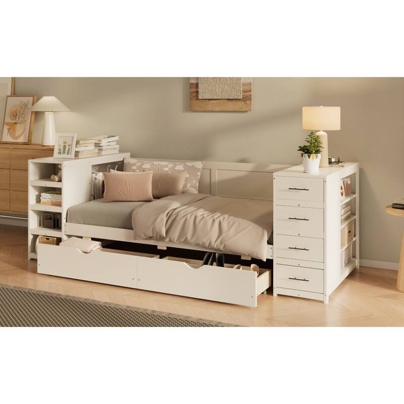 White Wooden Twin Size Daybed with Multi-Functional Desk and Charging Station