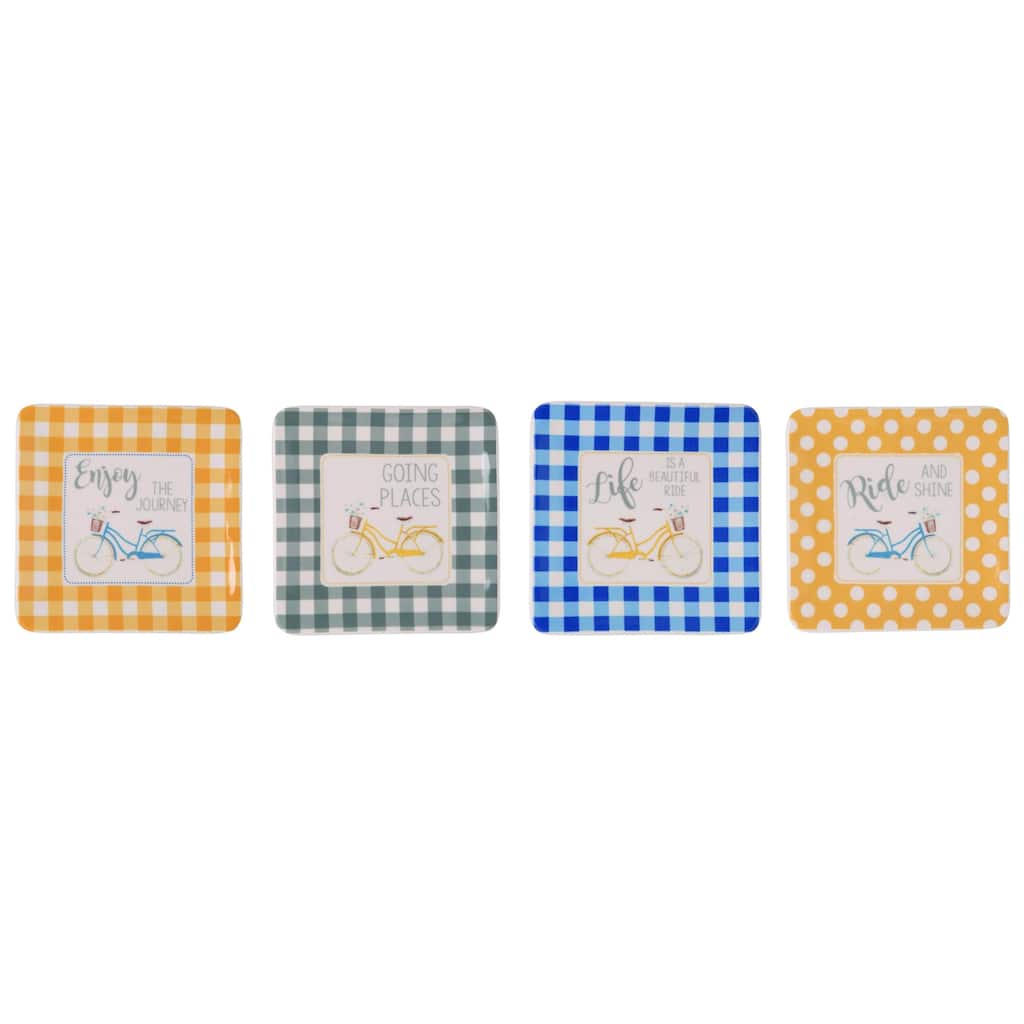 Transpac Ceramic Country Market Bicycle Motif Trinket Dish Set of 4 Home Decorations 5.0 x 5.0 inch