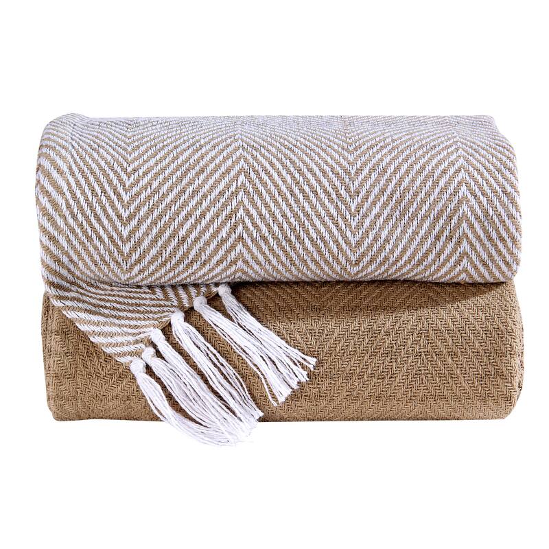 Cotton Throw Blankets All-Season Medium Weight | Set of 2 | Chevron Design (50''x60'') - Beige