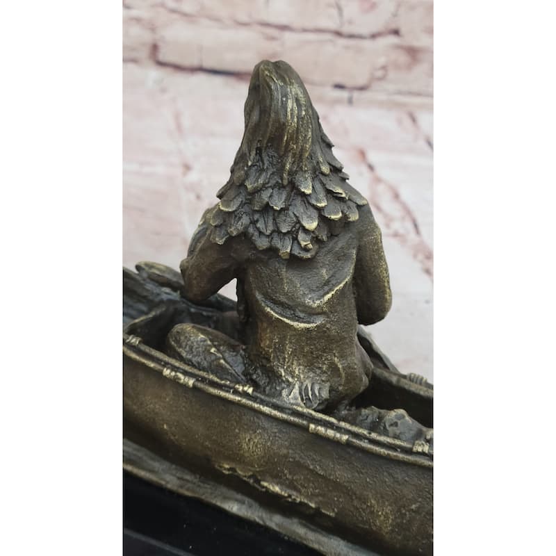 Native American Indian Man In Canoe Bronze Statue Sculpture Figure 7 Inches X 10 Inches