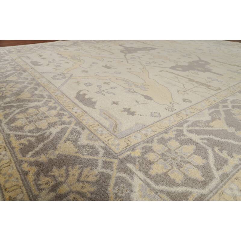 Earth Tone Oushak Indian Rug Hand-Knotted Floral Wool Carpet - 9'2"x 11'6"