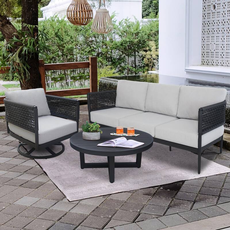 Outdoor 3 Piece Woven Abaca Rope Patio Furniture Set Including the Sofa, Coffee Table, and Swivel Rocking Chair