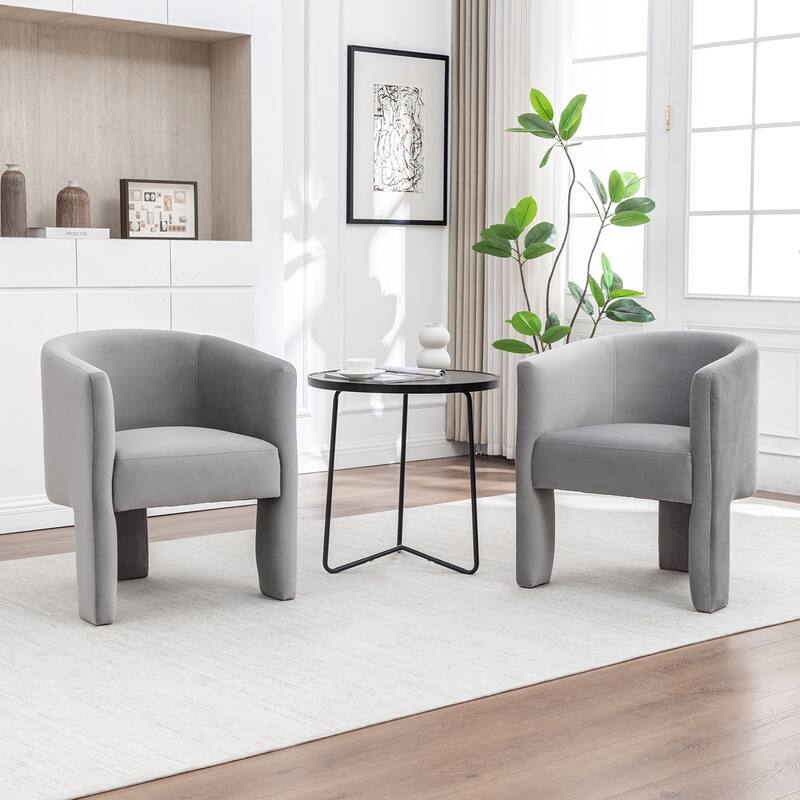SEYNAR Modern Velvet Accent Chair, Upholstered Barrel Chair with Unique Solid Base for Living Room Soft Club Chair Set of 2 - Grey