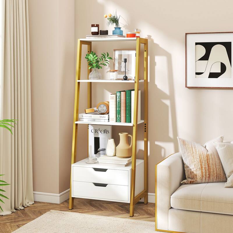 Gymax 4-tier Bookshelf w/ 2 Storage Drawers Sturdy Metal Frame