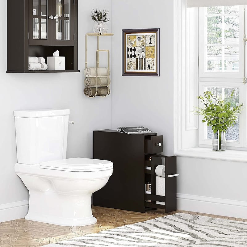 Spirich Home Slim Bathroom Storage Cabinet, Free Standing Toilet Paper Holder, Bathroom Cabinet Slide Out Drawer Storage