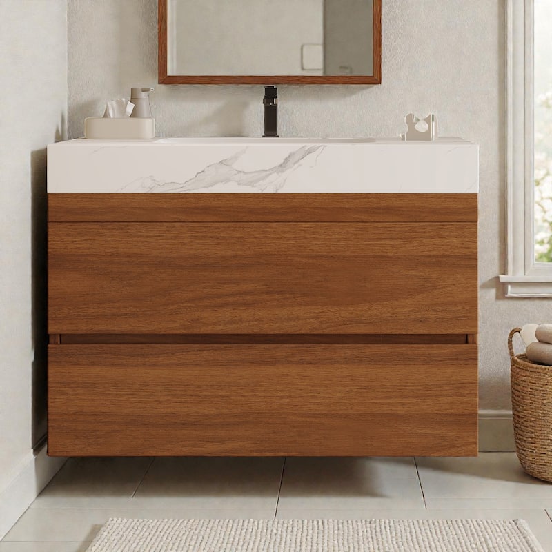 29.9" Floating Bathroom Vanity with Faux Marble Top, Ceramic Undermount Sink, Soft-Close Drawers for Modern Small Bathrooms - Brown White