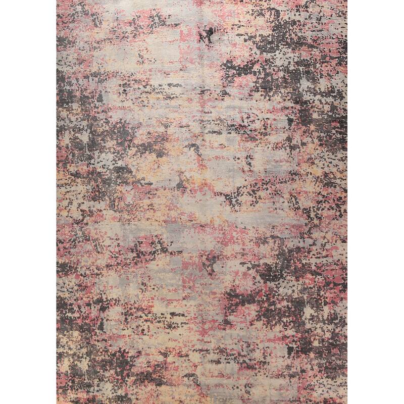 Modern Abstract Indian Rug Hand-Knotted Oriental Wool Carpet - 8'11"x 11'11"