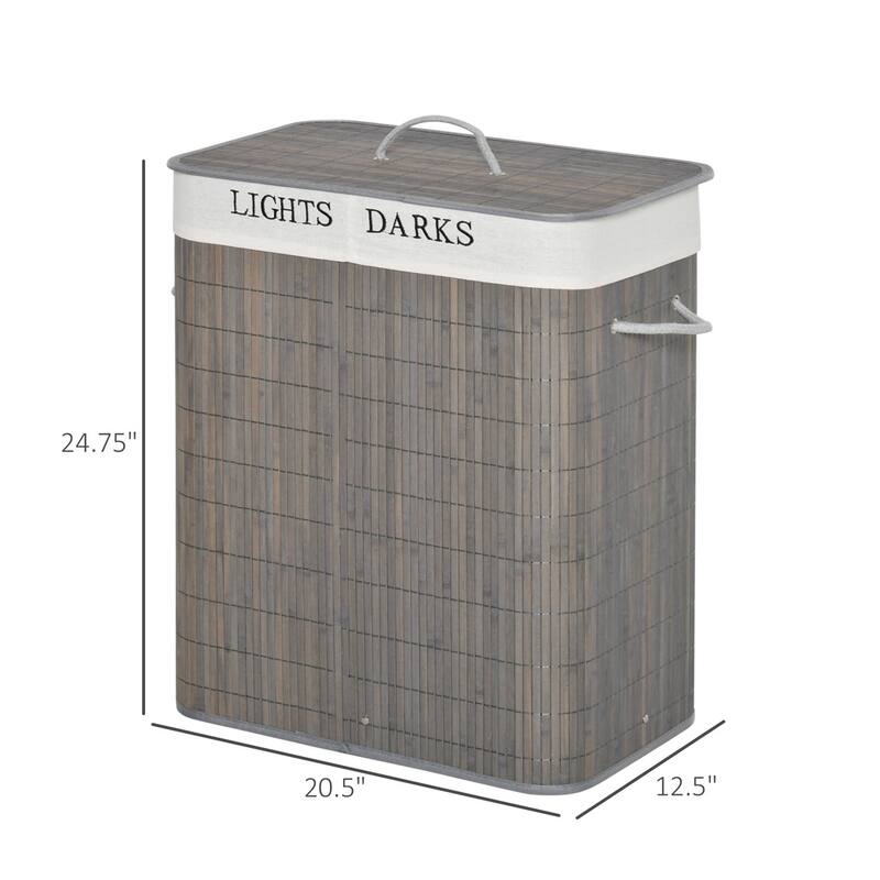 Gray Bamboo Laundry Basket with Dual Compartments Removable Washable Liner 26 Gallon Large Capacity