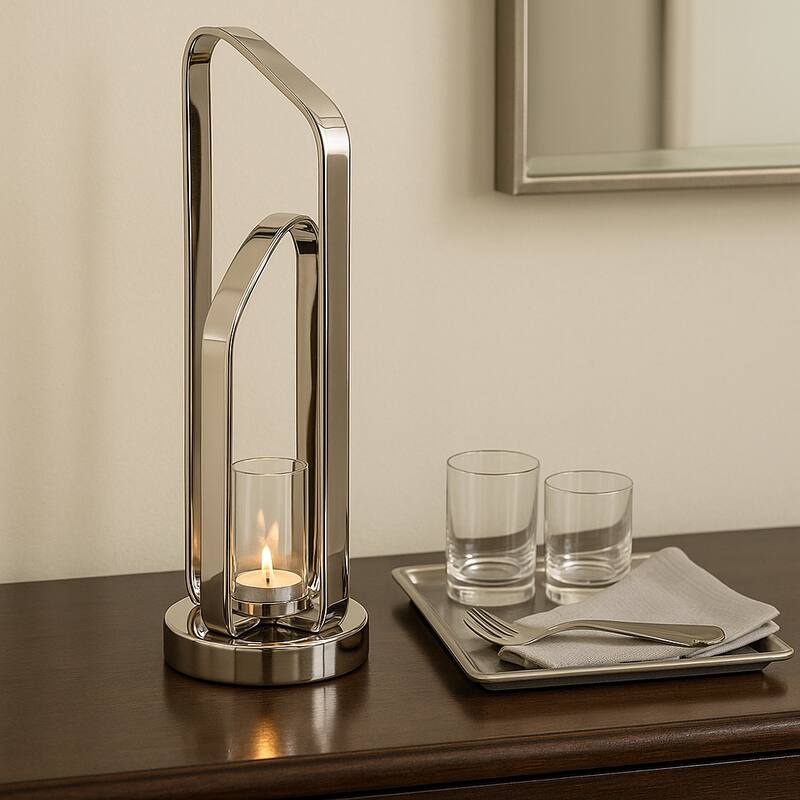 Candle Holder - Metal Stylish Hurricane - Silver/ Metallic - 21.0"