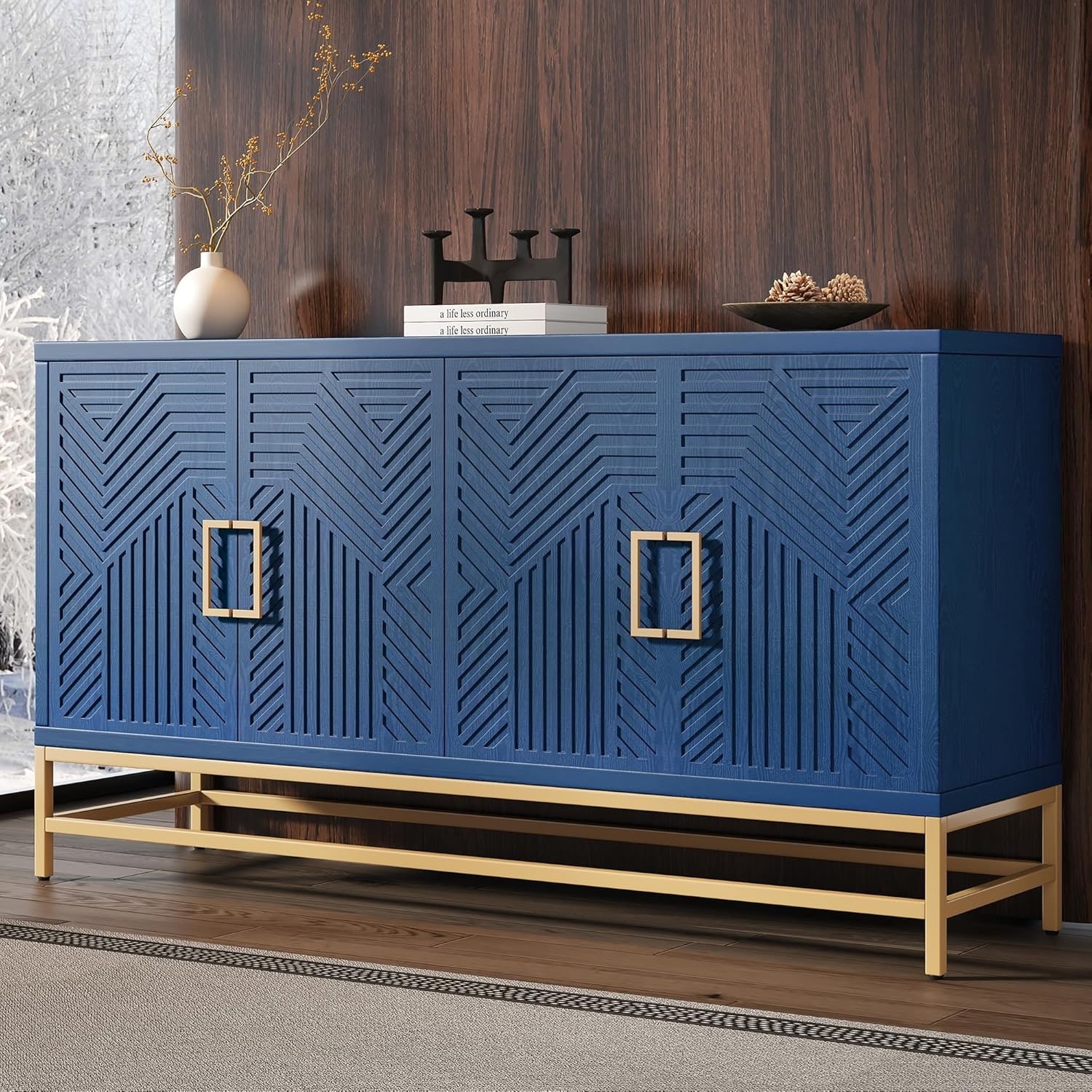 Retro 59.8-Inch Credenza with 4 Doors & Adjustable Shelves for Living Room, Navy