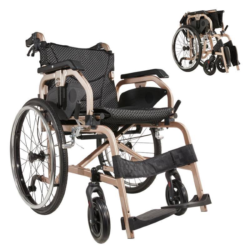 Aluminum Foldable Lightweight Adult Wheelchair, 18" Seat with Front and Rear Locking Hand Brakes, 22" Rear Wheels - Gold+Black