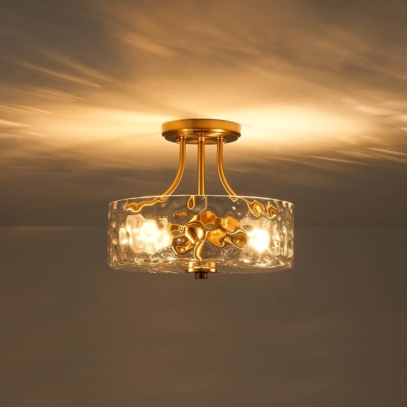 Nickel 2-Light Water Glass Round Semi Flush Ceiling Light - 11.8in