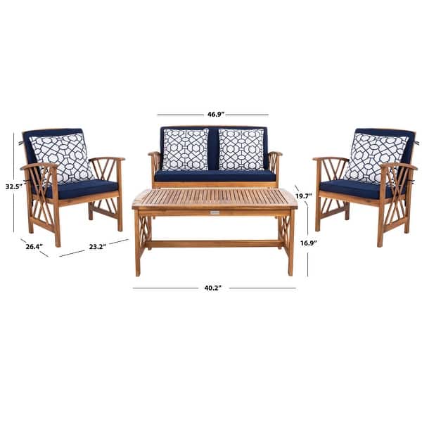 dimension image slide 1 of 7, SAFAVIEH Outdoor Fontana 4-piece Acacia Wood Patio Conversation Set