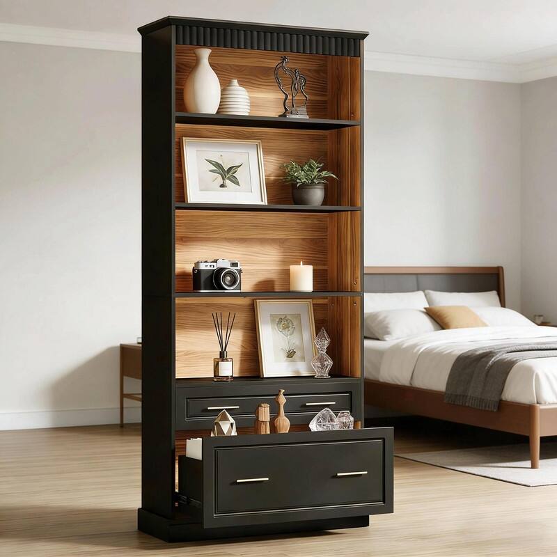 Modern Bookcase with Shelves and 2 Drawers for Storage and Display