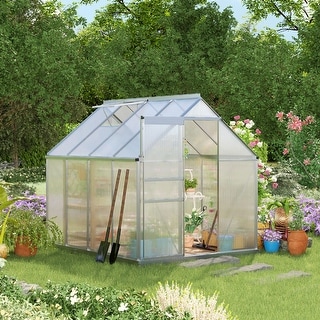 Garden Greenhouses for Outdoors Green House w/ Window Adjustable Roof Vent 6'x4' Walk-in Polycarbonate Greenhouse Aluminum Greenhouse Kit Hobby Greenhouse 6' L x 4' W x 6' H Rain Gutter for Plant 