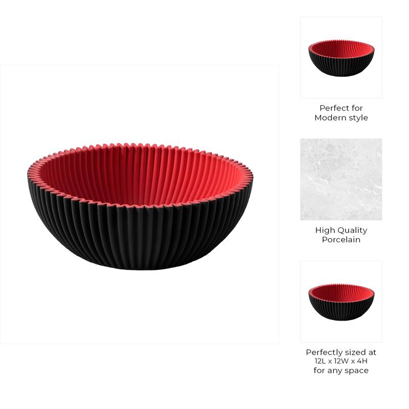 Porcelain Bowl Ribbed Texture Modern Two-Tone Design - 4" Black - 12" x 12" x 4"