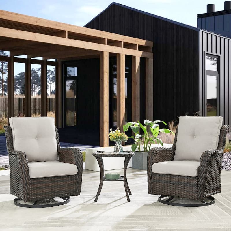 Pocassy 3-Piece Outdoor Swivel Bistro Set, Wicker Rocking Chairs - Brown/Beige