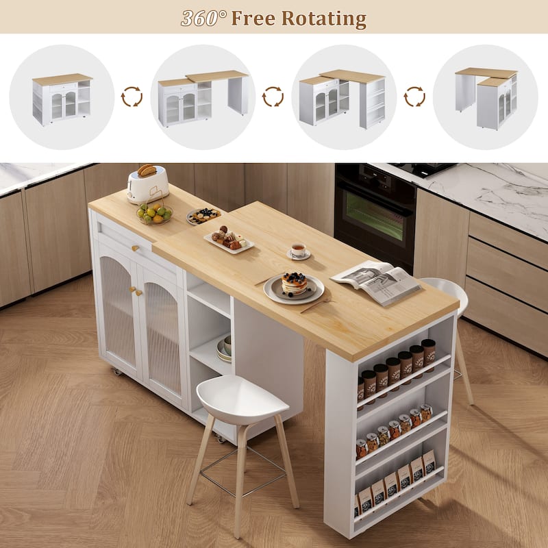 Mobile Kitchen Island with Storage and Rotating Tabletop - 23.6"D x 71.1'"W x 36.6"H