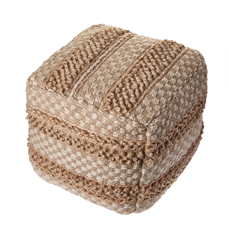 18" Cream and Brown Geometric Textured Square Pouf Ottoman