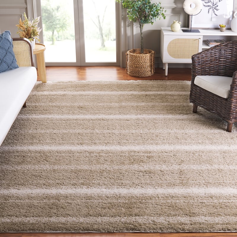 SAFAVIEH Border & Stripe Shag Hammy Modern 1.4-inch Thick - 6'7" x 6'7" Square - Beige/Ivory