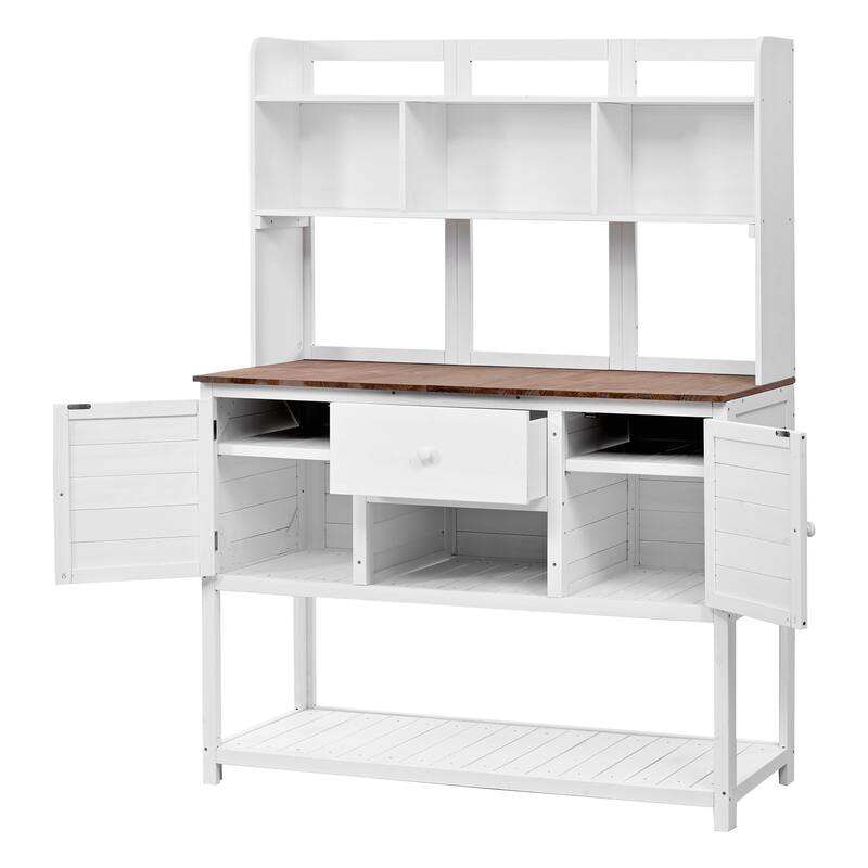 Solid Fir Wood Potting Bench Garden Workstation with Hutch, Drawer & Adjustable Shelves, Outdoor Garden Work Table