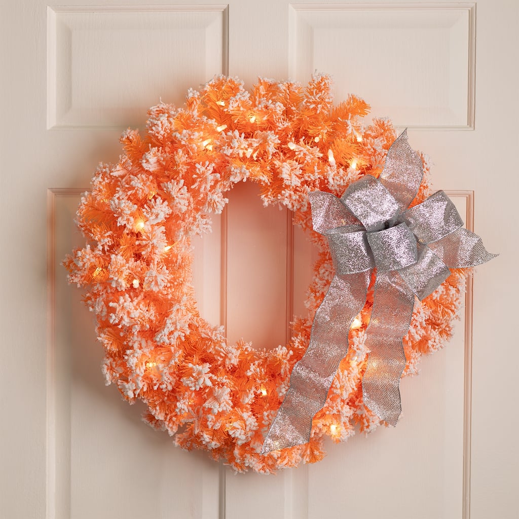 Pre-Lit Flocked Pine Artificial Christmas Wreath - 24" - Orange - Clear Lights