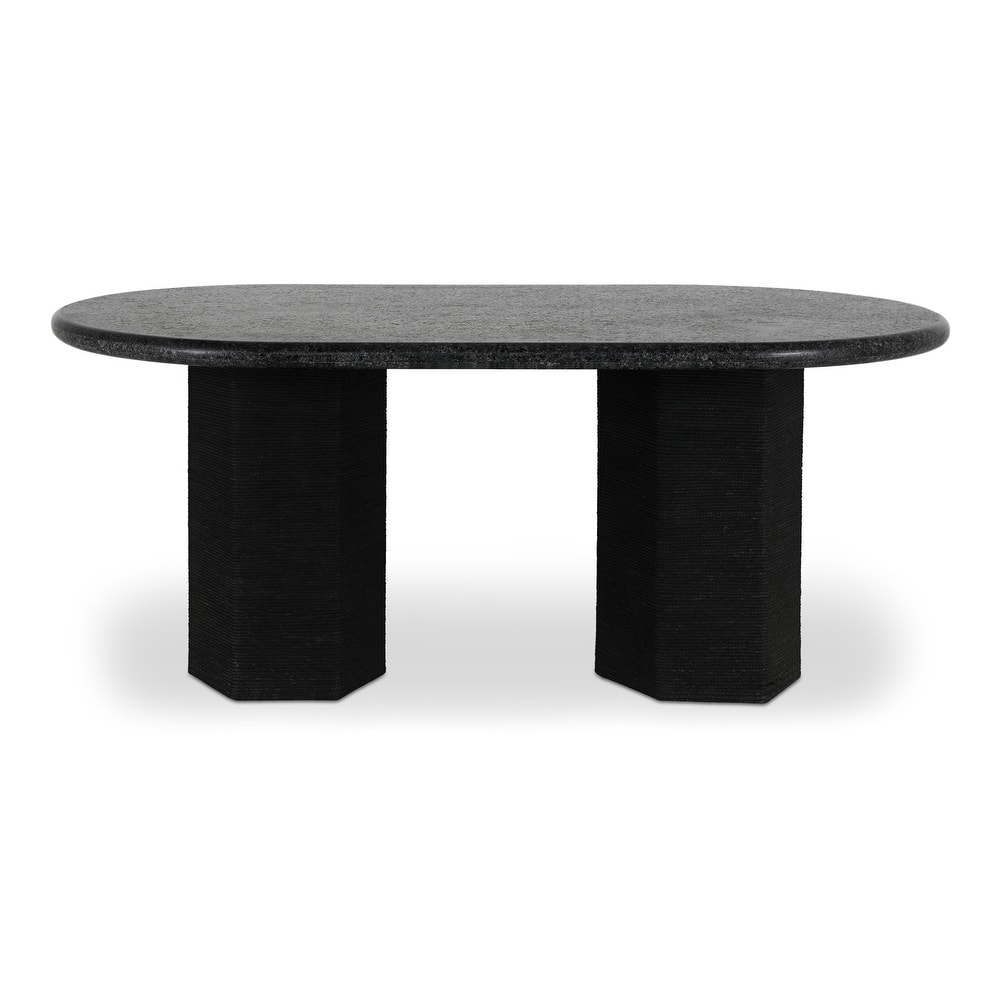 NADAAL STUDIOS Norex Sartoria Dining Table for 6, Oval Black Granite Top, Jute-Wrapped Mango Wood Base, Black Granite