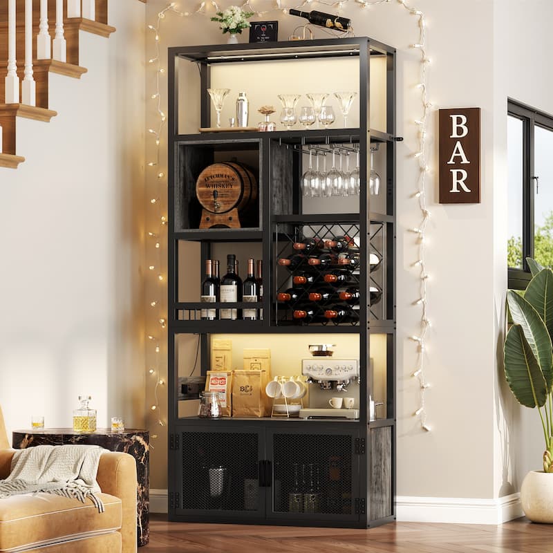 82.6" Tall Wine Cabinet with Glass Holder & Wine Rack，6-Tiers Liquor Storage Cabinet with LED Lights ＆ Charging Station