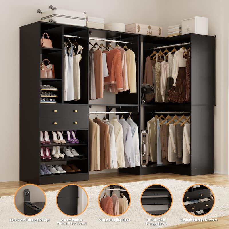 Rackcog Freestanding Corner Closet System Set, Closet Organizer with Hanging Rods and Drawers