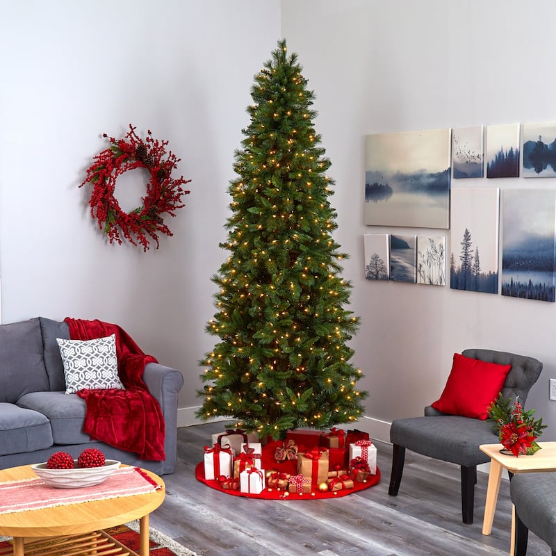 9ft Slim Artificial Christmas Tree with Lights - Pre-Lit Holiday Decor, Realistic Pine Tree for Living Room - Green - 108