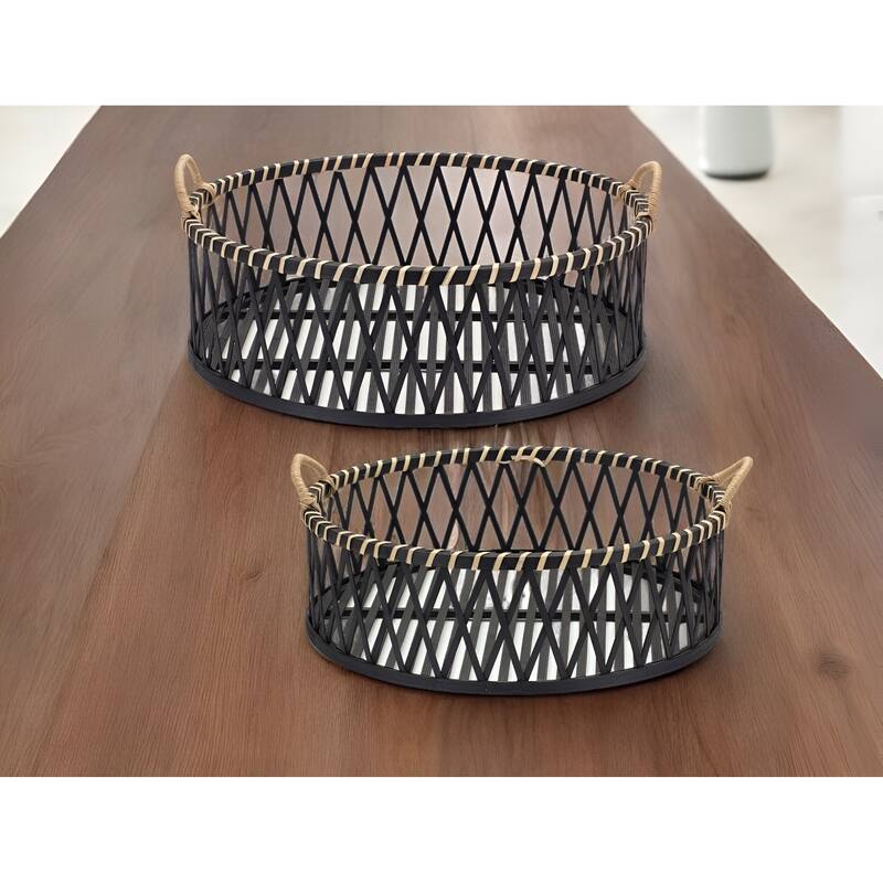 HomeRoots Set of Two Black and Tan Round Bamboo Serving Tray With Handles - Black and Tan