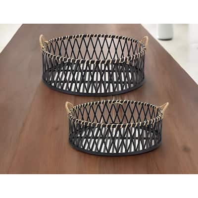 HomeRoots Set of Two Black and Tan Round Bamboo Serving Tray With Handles
