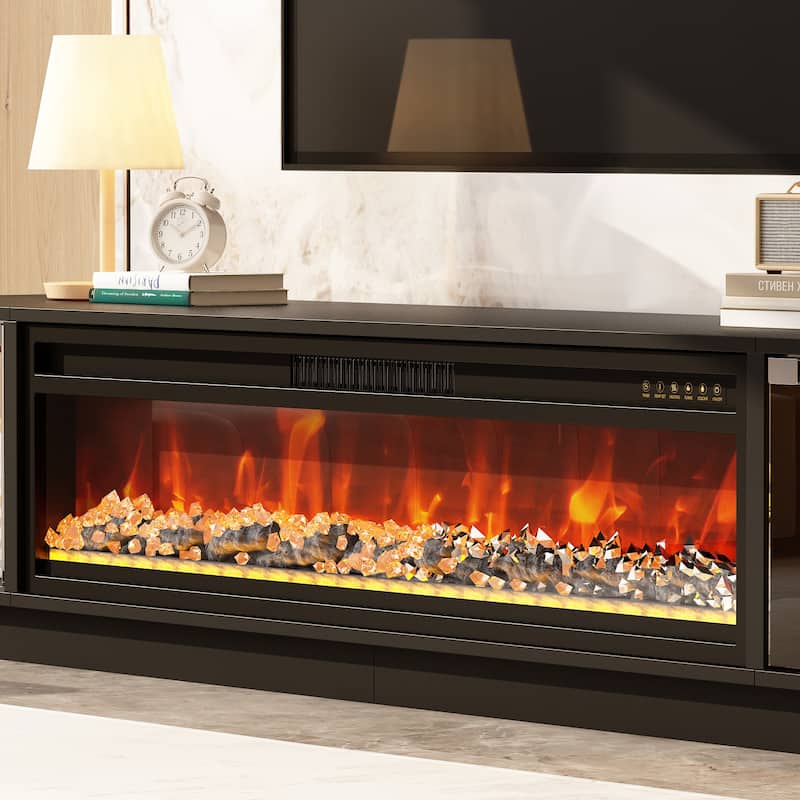 Modern Black Fireplace TV Stand Combo,Remote Fireplace Heater,2 Drawers,Light Strip & USB