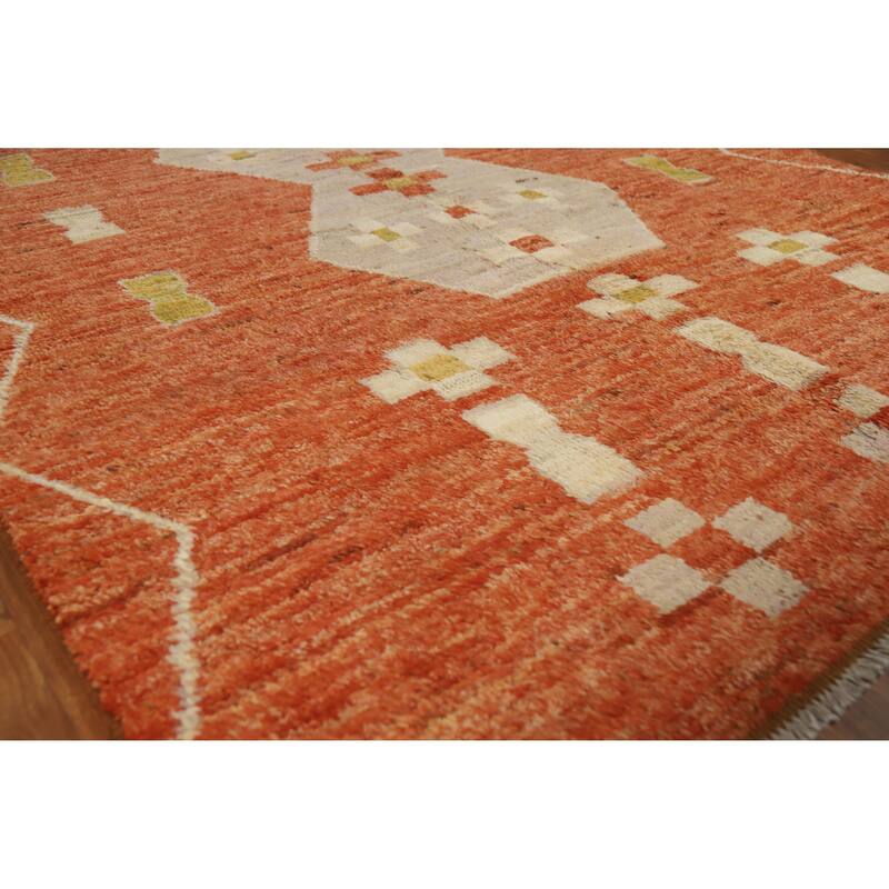 Geometric Moroccan Oriental Area Rug Hand-Knotted Orange Wool Carpet - 5'6" x 7'10" - Orange - 5'6" x 7'10"