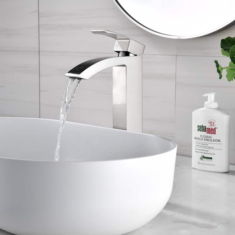 Rbrohant Single Handle Bathroom Vessel Sink Faucet, Waterfall Single Hole Basin Faucets - Brushed Nickel