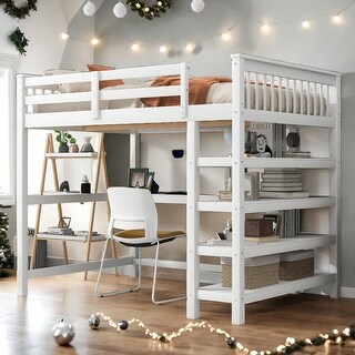 Industrial Modern Full Size Loft Bed with Storage Shelves and Under-bed Desk, Sturdy Construction & Safety Guaranteed, White
