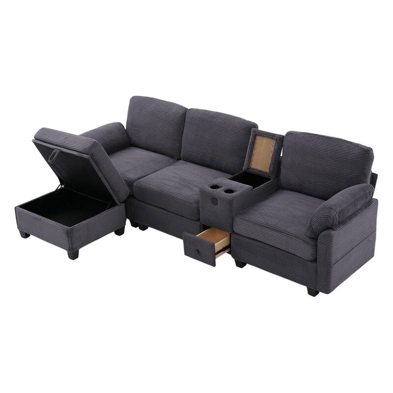 HOMEFUN Corduroy Upholstered L-Shaped 4-seater Storage Multifunctional Sectional Sofa with Storage Ottoman,Cup Holder and USB