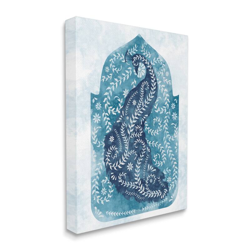 Stupell Arabesque Peacock Jungle Vines Bird White Blue Watercolor Canvas Wall Art