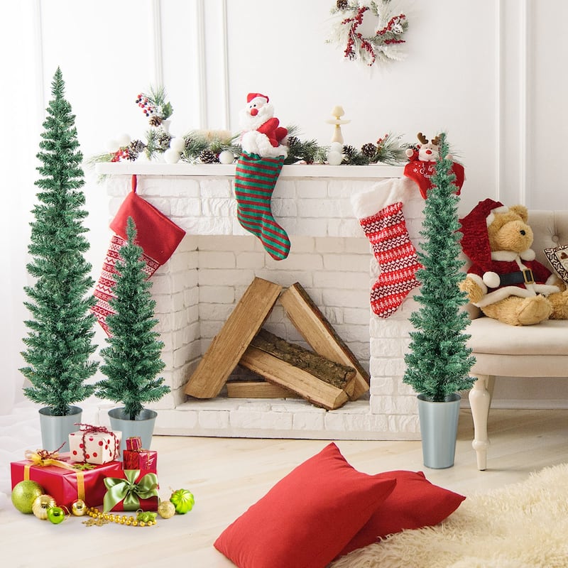 3/4/5 FT Faux Slim Pencil Trees Potted Artificial Christmas Tree