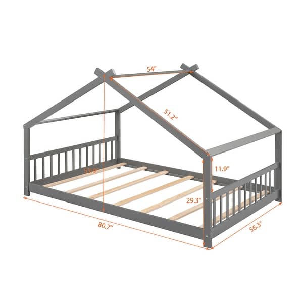 Full Size Wooden House Bed with Playhouse Design , Sturdy Pine Frame, Semi-Enclosed for Comfortable Sleep