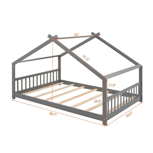 dimension image slide 3 of 5, Roomfitters Twin Size House Bed with Wooden Frame, Modern Loft Design, Grey
