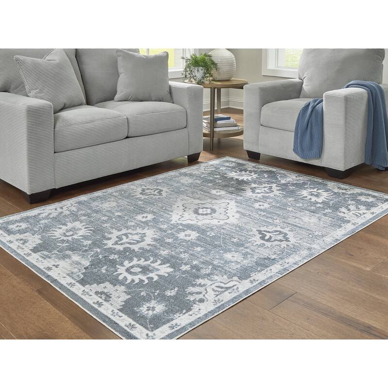 Signature Design by Ashley Avanworths Blue/Gray Washable Area Rug - 94" W x  120" D x  0.3" H