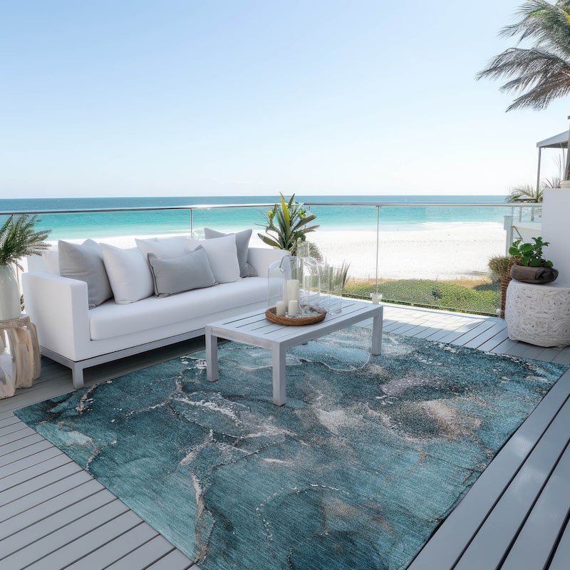 Machine Washable Indoor/ Outdoor Abstract Chantille Rug - Teal - 10' x 14'