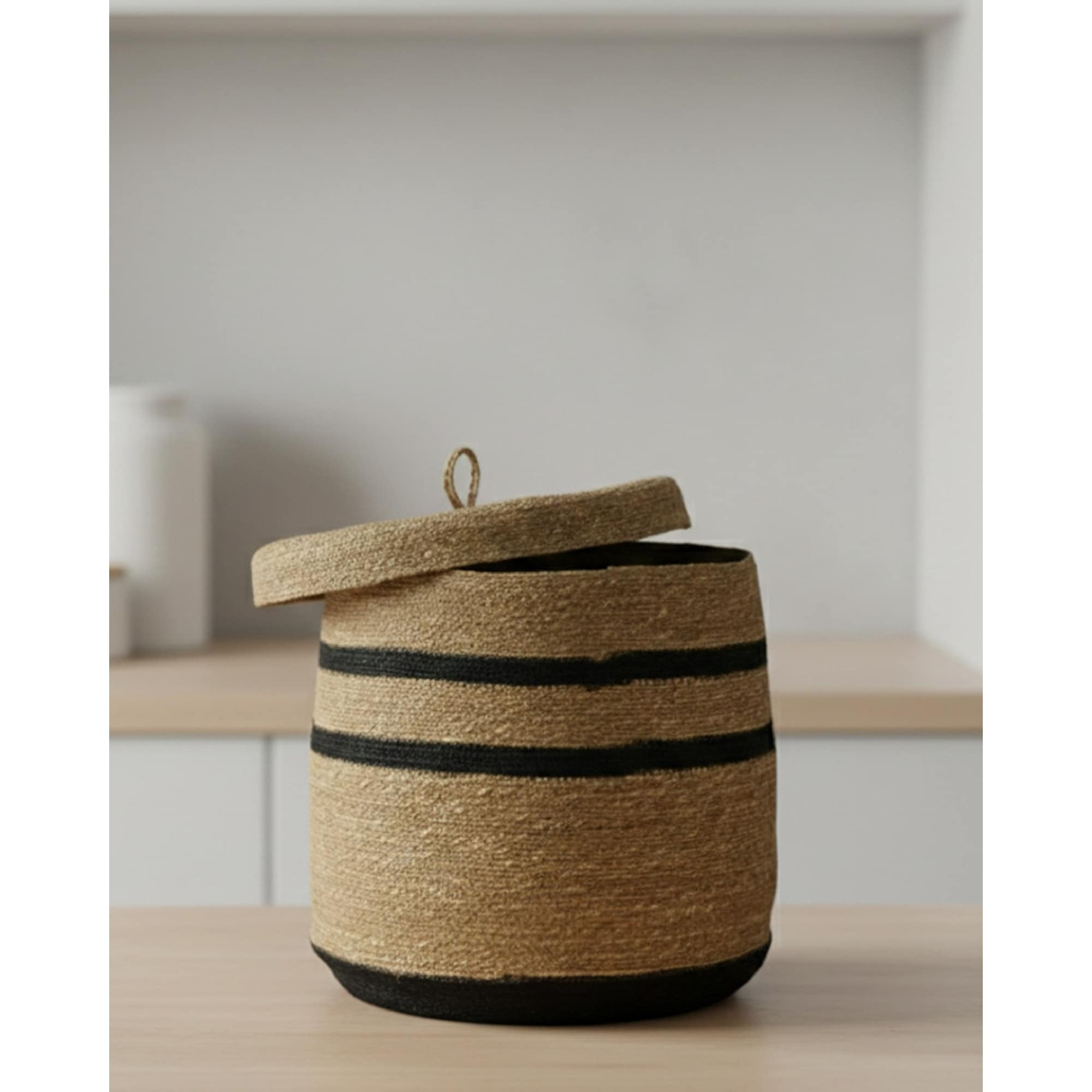 Rustic Style Striped Bamboo Basket with Lid - 13.75" - Brown and Black