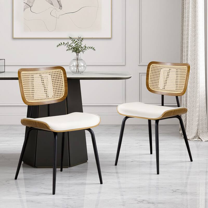 Faux Leather Upholstered Dining Chairs Set of 2/4 - 33.5"H x 19.3"W x 23"D - Set of 2 - White-Rattan back